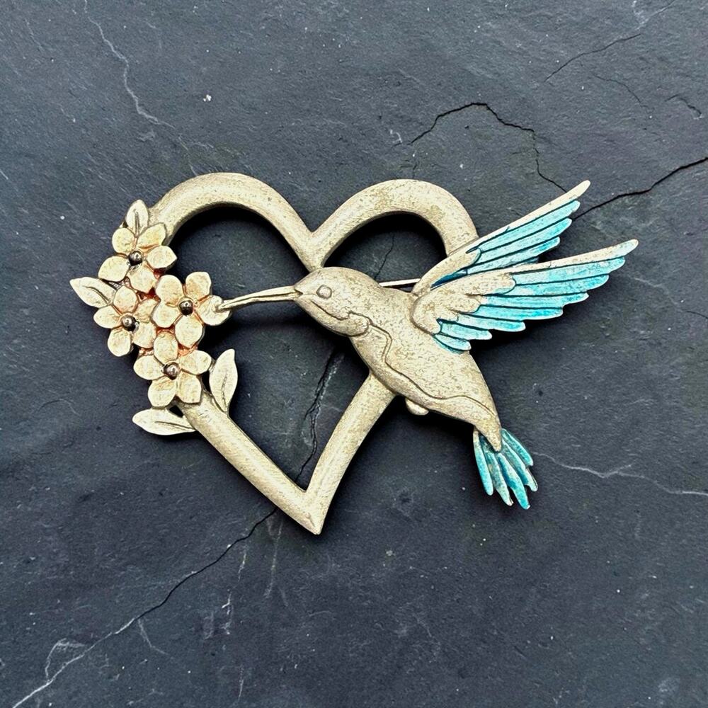 Vintage JJ Jonette Jewelry Pewter Hummingbird Heart Brooch Teal Enamel Flower